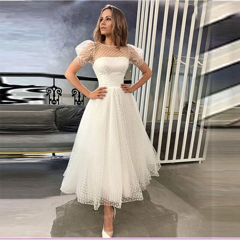 New Style Lace Point Wedding Dresses Short Puff Sleeves Платье Robe De Mariée Bride to Be Bride Gown Vestido De Novia