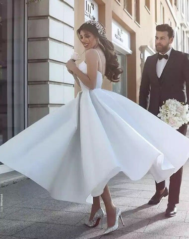 New Satin Tea Length Short Wedding Dresses 2021 Spaghetti Straps Backless Cheap Appliques Lace Wedding Gowns Bride Dresses