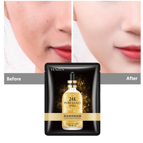 20Pcs 24K Gold Hyaluronic Acid Facial Mask Essence Sheet Mask Oil-Control Anti-Aging Moisturizing Hydrating Brighten Skin Care