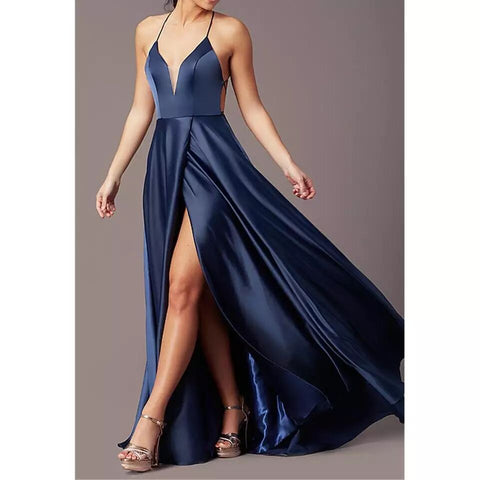 Sexy Navy Blue Prom Dresses High Slit Simple Satin Cheap Evening Dress Vestidos Spaghetti Straps Prom Gowns